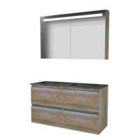 Basic-Line Premium 46 Badkamermeubelset - 120 x 46 cm - Greeploos - 4 Lades - Hardstenen Wastafel - Zonder Kraangat - Spiegelkast met LED Verlichting - Scotch Oak