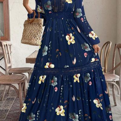 Bon&Bon Plus Size Floral Boho Maxi Dress | Long Lantern Sleeve Navy Blue / 0XL