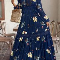 Bon&Bon Plus Size Floral Boho Maxi Dress | Long Lantern Sleeve Navy Blue / 0XL