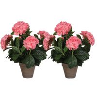 2x Roze Hydrangea/hortensia kunstplanten 45 cm in grijze pot 2x Roze Hydrangea/hortensia kunstplanten 45 cm in grijze pot