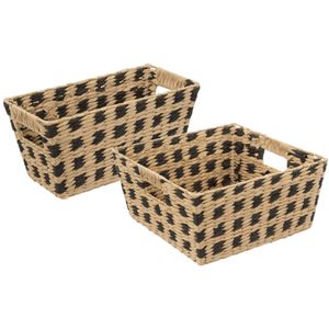 Set van 2x gevlochten rieten opbergmanden beige/zwart