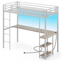 Tussenbed 200 x 90 cm met Bureau Verhoogd Bed met LED Oplaadstation Metalen Bed met Veiligheidsreling en Ladder Zwart/Zilver