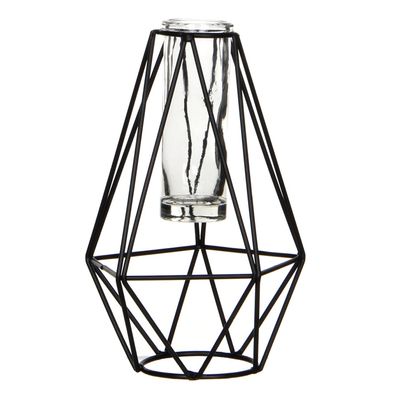 Zwart metalen diamant draad vaasje met glas 11 x 10 x 17 cm