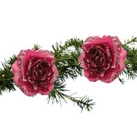 2x stuks kerstboom decoratie bloemen framboos roze glitter op clip 14 cm