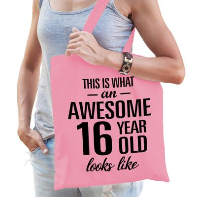 Cadeau tas 16 jaar - verjaardag - roze - katoen - 42 x 38 cm Cadeau tas 16 jaar - verjaardag - roze - katoen - 42 x 38 cm