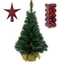 Volle kunst kerstboom 45 cm in jute zak inclusief rode versiering 21-delig - Kunstkerstboom - thumbnail