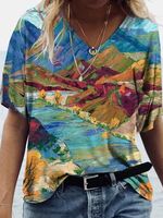 Vintage Art  Classic V Neck Painted Vacation Short Sleeve T-Shirt - thumbnail