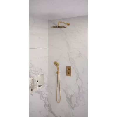 Regendoucheset Inbouw Brauer Gold Edition Thermostatisch 30 cm met 3-Weg Omstelling, Gebogen Wandarm en 3-Standen Handdouche Geborsteld Goud Brauer
