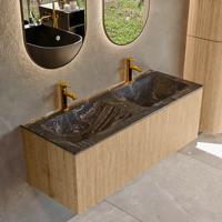 Badmeubel Mondiaz Kurve-Dlux | 120 cm | Meubelkleur Oak | Wastafelkleur Lava | Solid surface | Dubbele spoelbak | 2 kraangaten