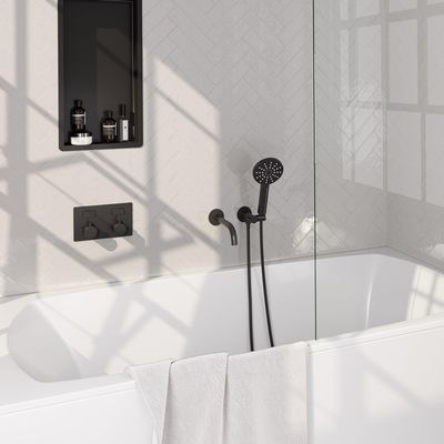 BRAUER Black Edition thermostatische inbouw badkraan - drukknoppen SET 04 - uitloop - 3 standen handdouche - doucheslang - wandaansluitbocht - zwart mat 5-S-211