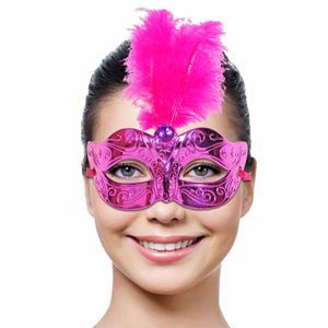 Venetiaans Masker magenta met veren