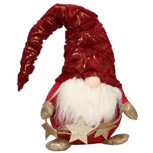 Decoratie pop - gnome/kabouter - 39 cm - rood met goud - kerstdecoratie