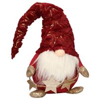 Decoratie pop - gnome/kabouter - 39 cm - rood met goud - kerstdecoratie - thumbnail