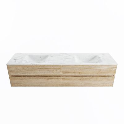 MONDIAZ VICA-DLUX 200cm badmeubel onderkast Washed Oak 4 lades. Inbouw wastafel CLOUD dubbel 2 kraangaten, kleur Opalo.