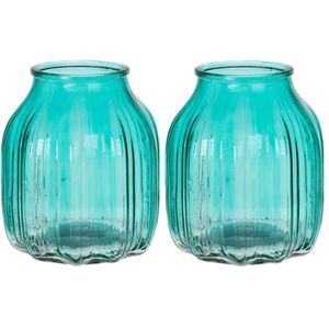 Bloemenvaas klein - set van 2x - turquoise blauw - transparant glas - D14 x H16 cm