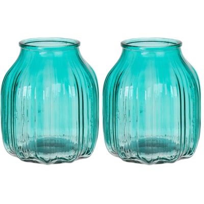 Bloemenvaas klein - set van 2x - turquoise blauw - transparant glas - D14 x H16 cm