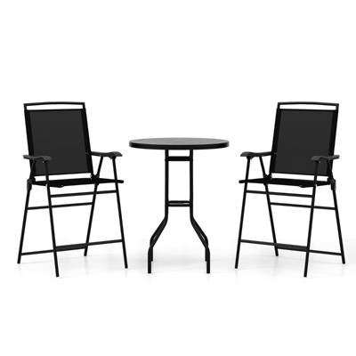 Set van 3 Buiten Bistro Meubilair met DPC Tafelblad Gat voor Parasol en Voetsteun Tuinbartafel met 2 Klapstoelen voor Terras Zwart