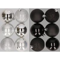 12x stuks kunststof kerstballen mix van zilver en zwart 8 cm - Kerstbal - thumbnail