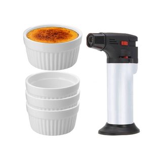 7-Delige creme brulee set met witte schaaltjes en een zilveren brander