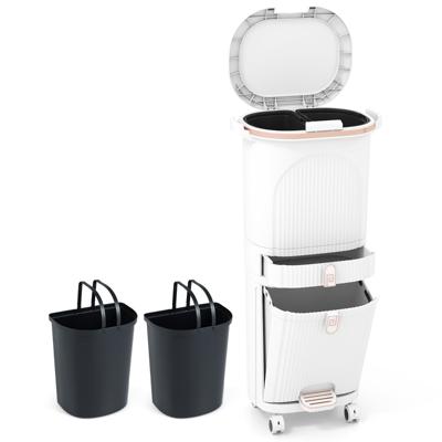 Drie Compartimenten Keukenafvalbak Pedaalemmer met Deksel en Wieltjes Staande Sfvalbak Geschikt voor Gebruik in de Woonkamer Keuken en Badkamer