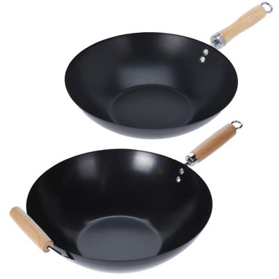 Excellent Houseware Wok / hapjes - bak pannen - 2 stuks - metaal/hout - D30 en D35 cm