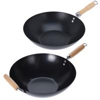 Excellent Houseware Wok / hapjes - bak pannen - 2 stuks - metaal/hout - D30 en D35 cm