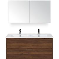 Porto Badmeubelset 120 cm - 2 Laden Walnoot - Keramische Wastafel Wit Slim met Spiegelkast