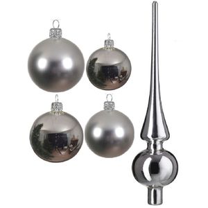 Glazen kerstballen pakket zilver glans/mat 38x stuks 4 en 6 cm met piek glans