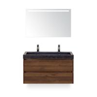 Dante Badmeubelset 100 cm - Walnoot - Wastafel Hardsteen Wit Lucca 2 kraangaten - met Sence Spiegel