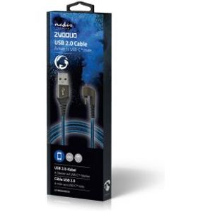 USB 2.0-kabel | A Male naar Type-C Male | 180°-aansluiting voor gaming | 2,0 m | rond | gevlocht