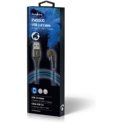 USB 2.0-kabel | A Male naar Type-C Male | 180°-aansluiting voor gaming | 2,0 m | rond | gevlocht