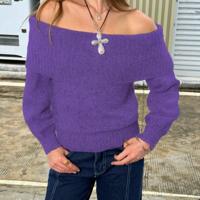 Bon&Bon Women's Off-Shoulder Loose Casual Sweater - Dark Grey Knit Purple / XS