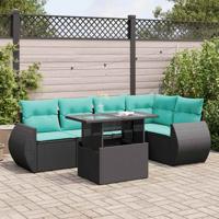 6-delige Loungeset met kussens poly rattan acacia zwart