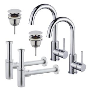 Fortifura Calvi Wastafelkraanset - voor dubbele wastafel - hoge wastafelkraan - draaibare uitloop - klikwaste plug - design sifon - Chroom 2x SW809346/2x SW696203/2x SW696214