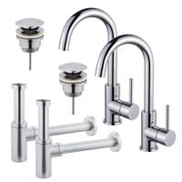 Fortifura Calvi Wastafelkraanset - voor dubbele wastafel - hoge wastafelkraan - draaibare uitloop - klikwaste plug - design sifon - Chroom 2x SW809346/2x SW696203/2x SW696214