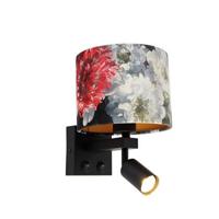 QAZQA Wandlamp zwart met leeslamp en kap 18 cm bloemen - Brescia