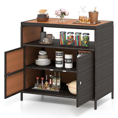 Rotan Opbergkast Buitenbuffetkast met Acaciahouten Aanrecht Open Compartiment en Gesloten Kast Opbergmeubel voor Terras Patio