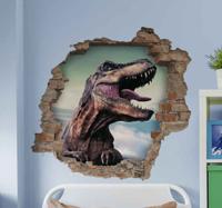 Dino muursticker Realistische dinosaurus die door muur breekt