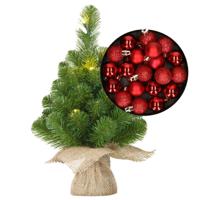 Mini kunst kerstboom - H45 cm - met verlichting en kerstballen - rood - kunstboom