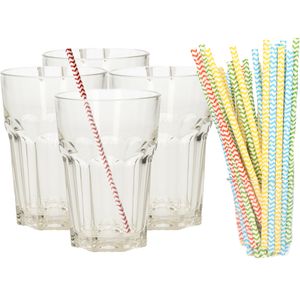 Set van 4x longdrink glazen en 25x duurzame papieren rietjes - 360 ml