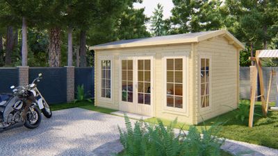 Tuindeco Arne Blokhut 450x350 cm 28 mm vuren blank- Zadeldak- Onbehandeld vurenhout- Tuindeco