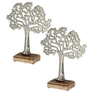 2x Stuks decoratie levensboom van aluminium op houten voet 30 cm zilver