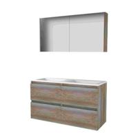Basic-Line Comfort 46 Badkamermeubelset - 120 x 46 cm - Greeploos - 4 Lades - Acryl Wastafel - Zonder Kraangat - Spiegelkast - Scotch Oak