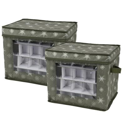 Kerstballen opbergbox - 2x - groen - 41 x 31 x 32 cm - polyester - opbergdoos kerstdecoratie