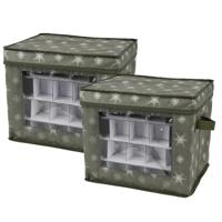 Kerstballen opbergbox - 2x - groen - 41 x 31 x 32 cm - polyester - opbergdoos kerstdecoratie