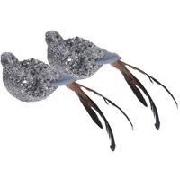 Kerst vogeltjes op clip - 2x st - zilver - 25 cm - kerstboomversiering