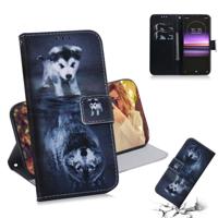 Wolf en hond patroon gekleurde tekening horizontale Flip lederen case voor Sony Xperia 1 met houder & kaartsleuven & portemonnee