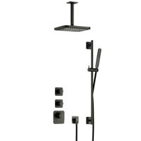 Hotbath Gal - Inbouw Regendoucheset - Geborsteld Gunmetal PVD - 2 Stopkranen - Thermostatisch - Plafondbuis 15 cm - Hoofddouche 220 mm - Staafhanddouche - Glijstang 900 mm - V01