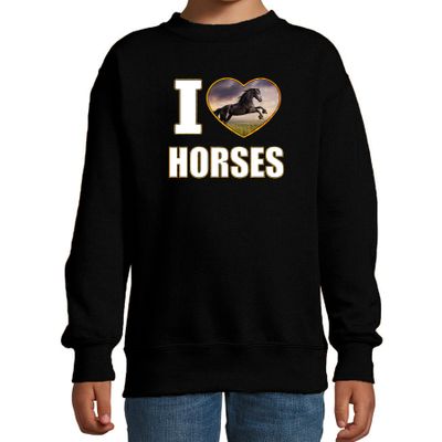 I love horses sweater / trui met dieren foto van een zwart paard zwart voor kinderen