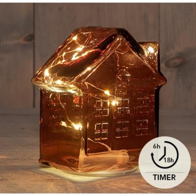 LED Huisje glas bordeaux H14cm